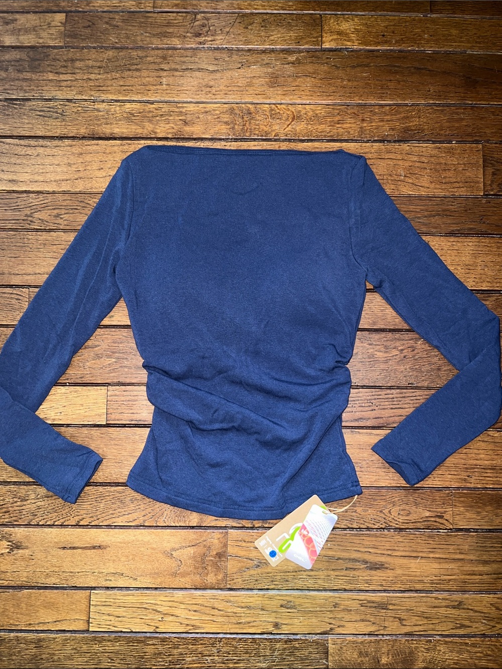 OGL Navy Long Sleeve Boatneck Bra Top Side Ruching Size Small New With Tags
